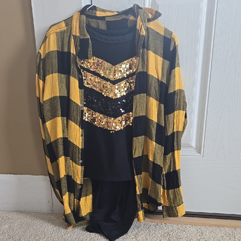 Yellow and Black Plaid Shirt with Sequin Top
